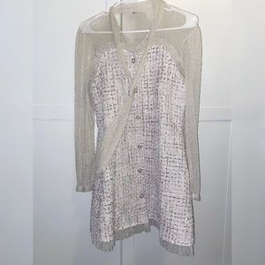 Chicwish Tweed Button-Front Dress with Sheer Long-Sleeve Overlay - Cream & Pink